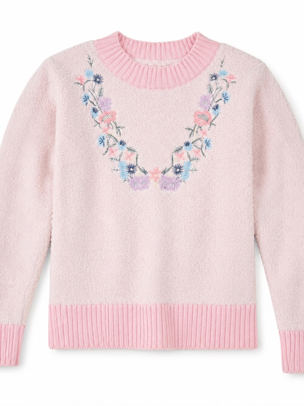 Soft Pink Floral Embroidered Crewneck Sweater